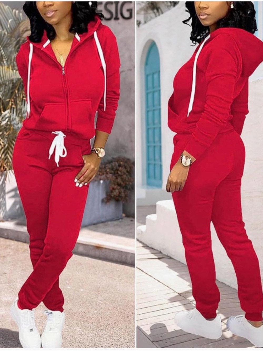 Red 2 Piece Tracksuit Set Zip Hoodie & Jogger Pants Lounge Set - Picture 3 of 5